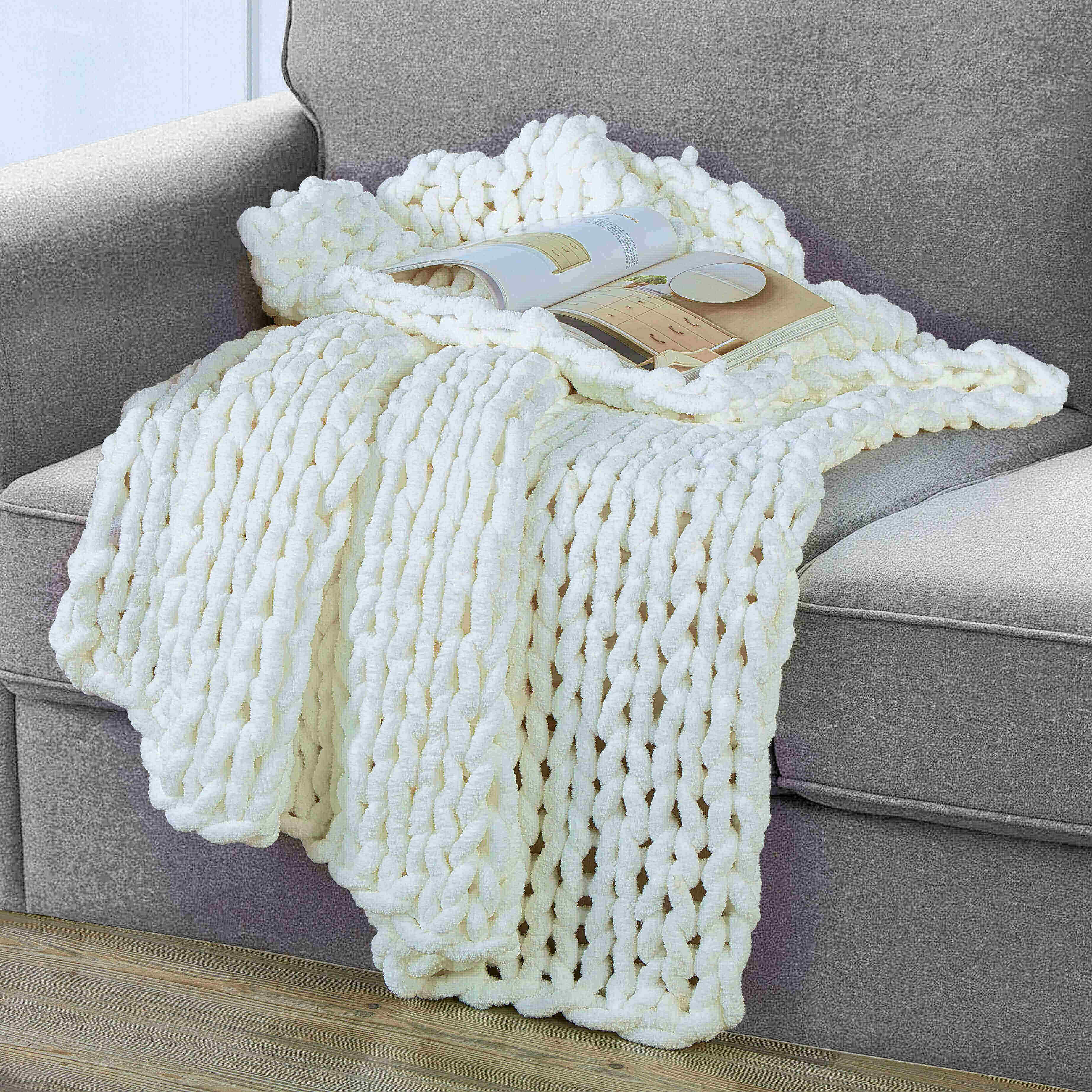 Kathy Ireland Chunky Knit Chenille Throw Blanket in cream color Kathy Ireland Chunky Knit Chenille Throw Blanket in cream color