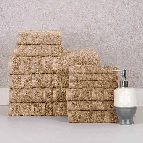 Light Brown Colour of 12 Piece Zero Twist Egyptian Cotton Towel Set