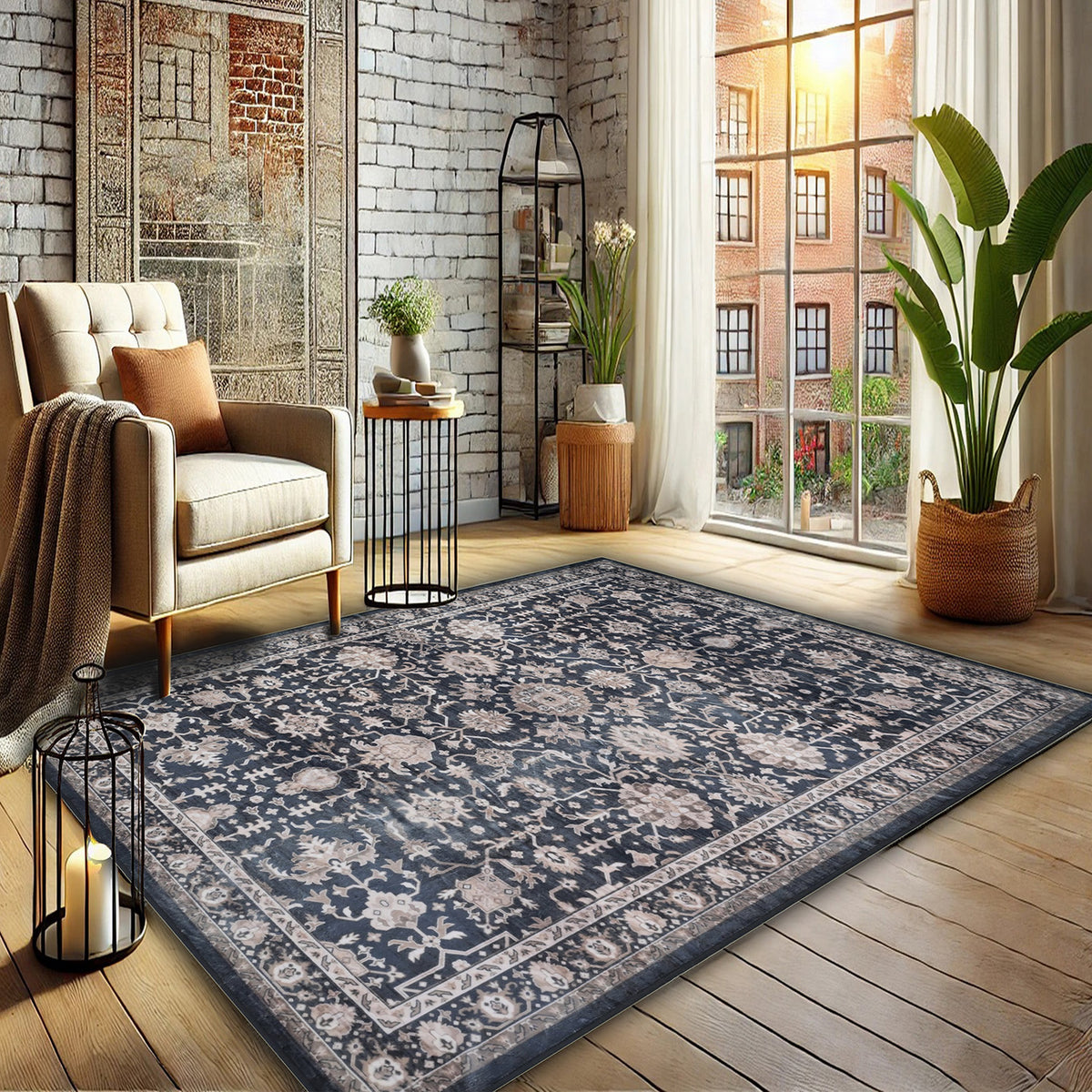 Bibb Home Washable Flannel Printed Area Rug with Latex Back 4x6 ft