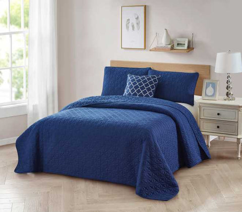 Bibb Home 4 Piece Solid Quilt Set with Cushion in Navy Blue