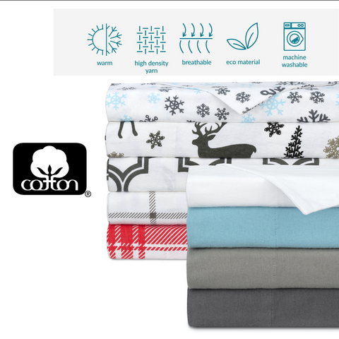 Bibb Home 4 Piece Printed or Solid Heavyweight Flannel Sheet Set