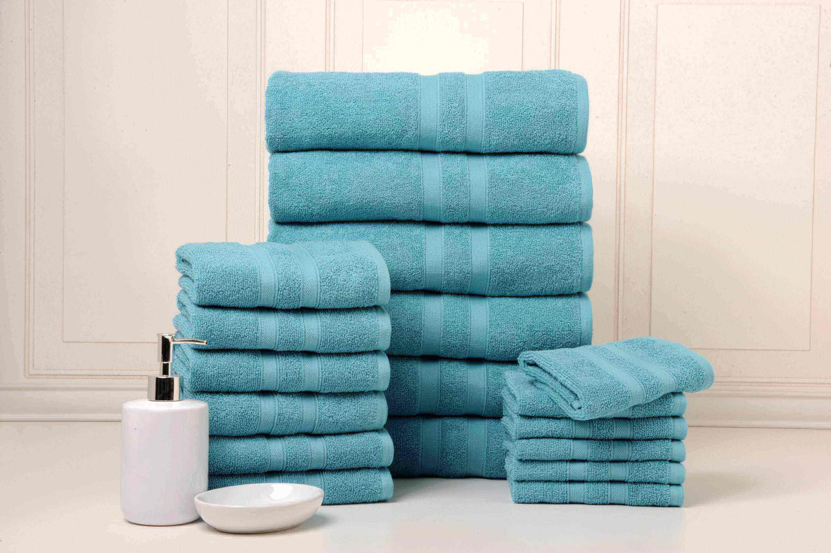 Solid Teal Colour of 18 Piece Egyptian Cotton Towel Set